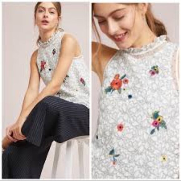 Anthropologie Maeve Macie Lace Embroidered Sequin Beaded Top Floral Size 0 - Picture 2 of 11